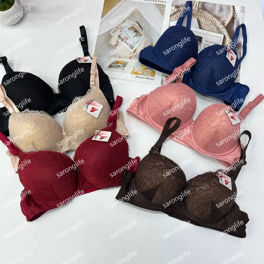 Women's Lace Cup Solid Color Bra with Butterfly Decoration, Sexy Lingerie - Bra