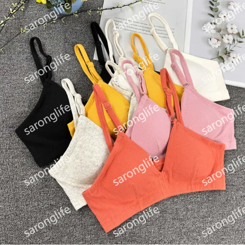 Women's Ribbed French Triangle Wireless Push-Up Bra with Pads, Sexy Camisole - Bra