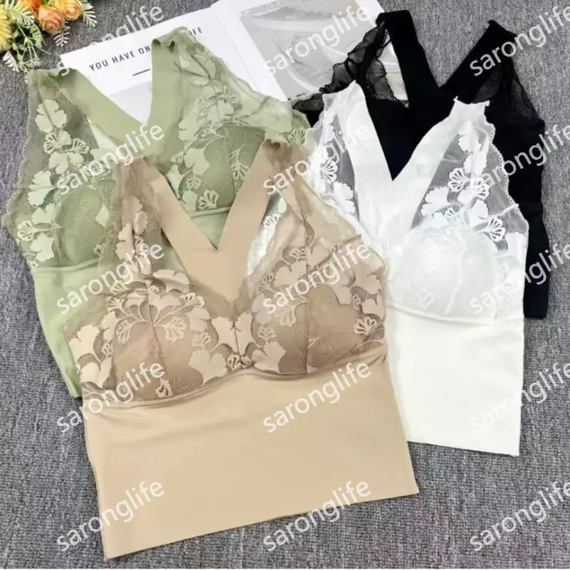 Women's Wireless Lace Back Tank Top Bra, Breathable High-Elasticity with Fixed Pads - Bra