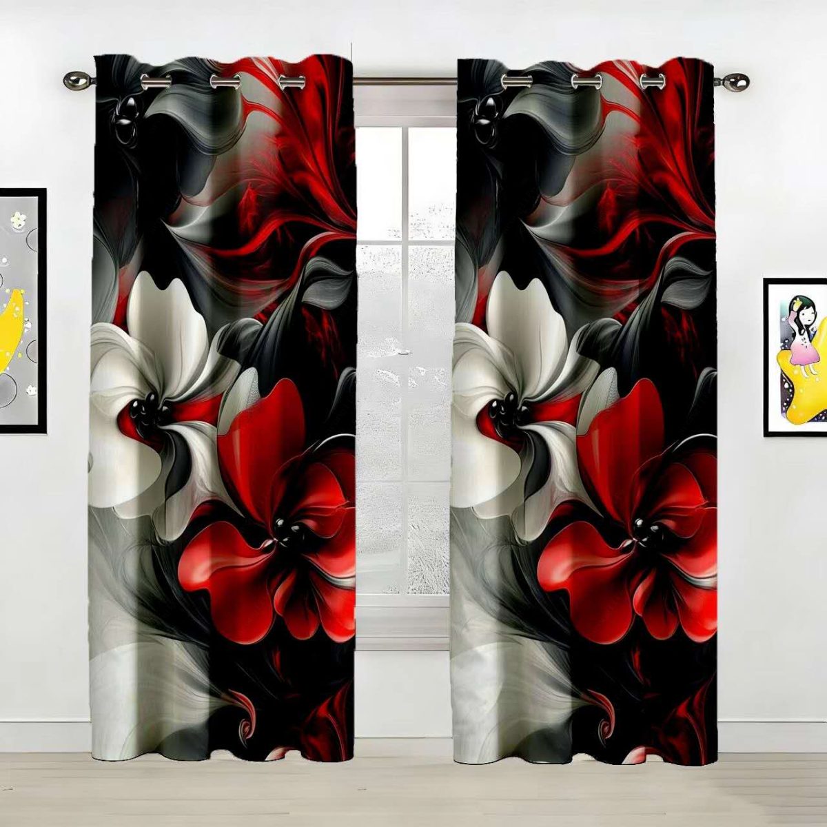 Black-Red Gradient Artistic Floral Custom Polyester Curtain Custom Polyester Fiber Curtains - Curtains