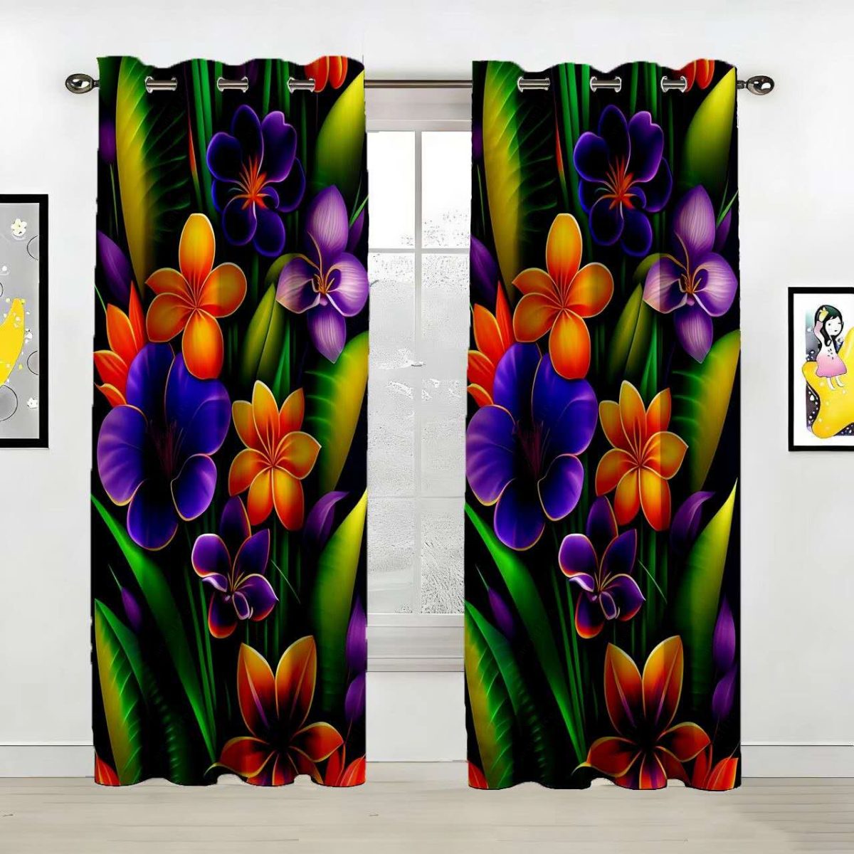 Custom Neon Tropical Floral Polyester Curtain Custom Polyester Fiber Curtains - Curtains
