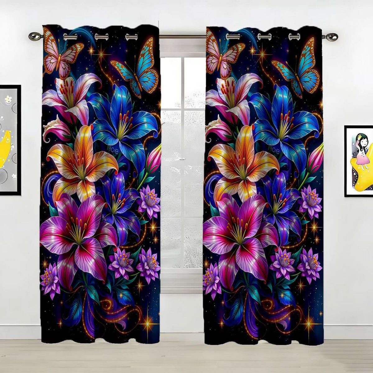Custom Polyester Curtain with Starry Neon Floral Pattern Custom Polyester Fiber Curtains - Curtains