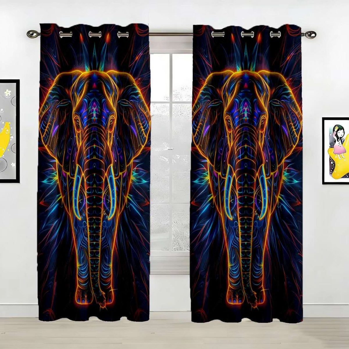 Elephant Neon Art Custom Polyester Curtain Custom Polyester Fiber Curtains - Curtains