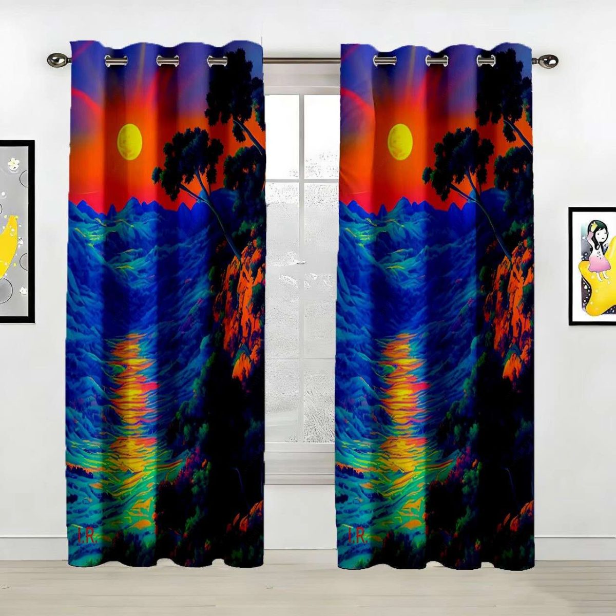 Neon Gradient Landscape Custom Polyester Curtain Custom Polyester Fiber Curtains - Curtains