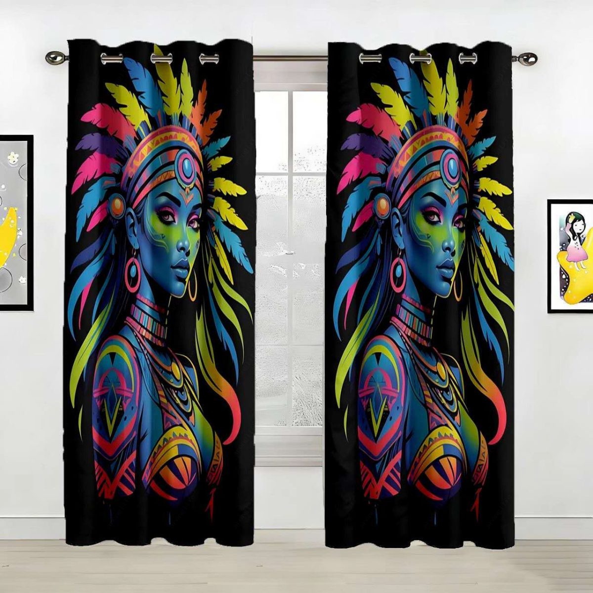 Neon Tribal Portrait Style Custom Polyester Curtain Custom Polyester Fiber Curtains - Curtains