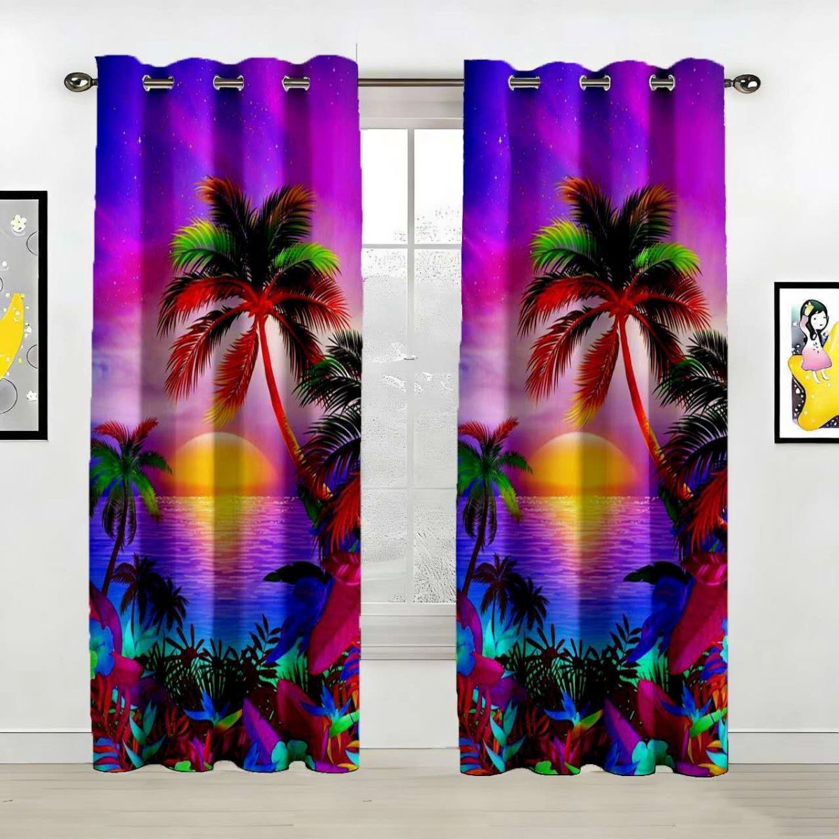 Neon Tropical Sunset Island Style Custom Polyester Curtain Custom Polyester Fiber Curtains - Curtains