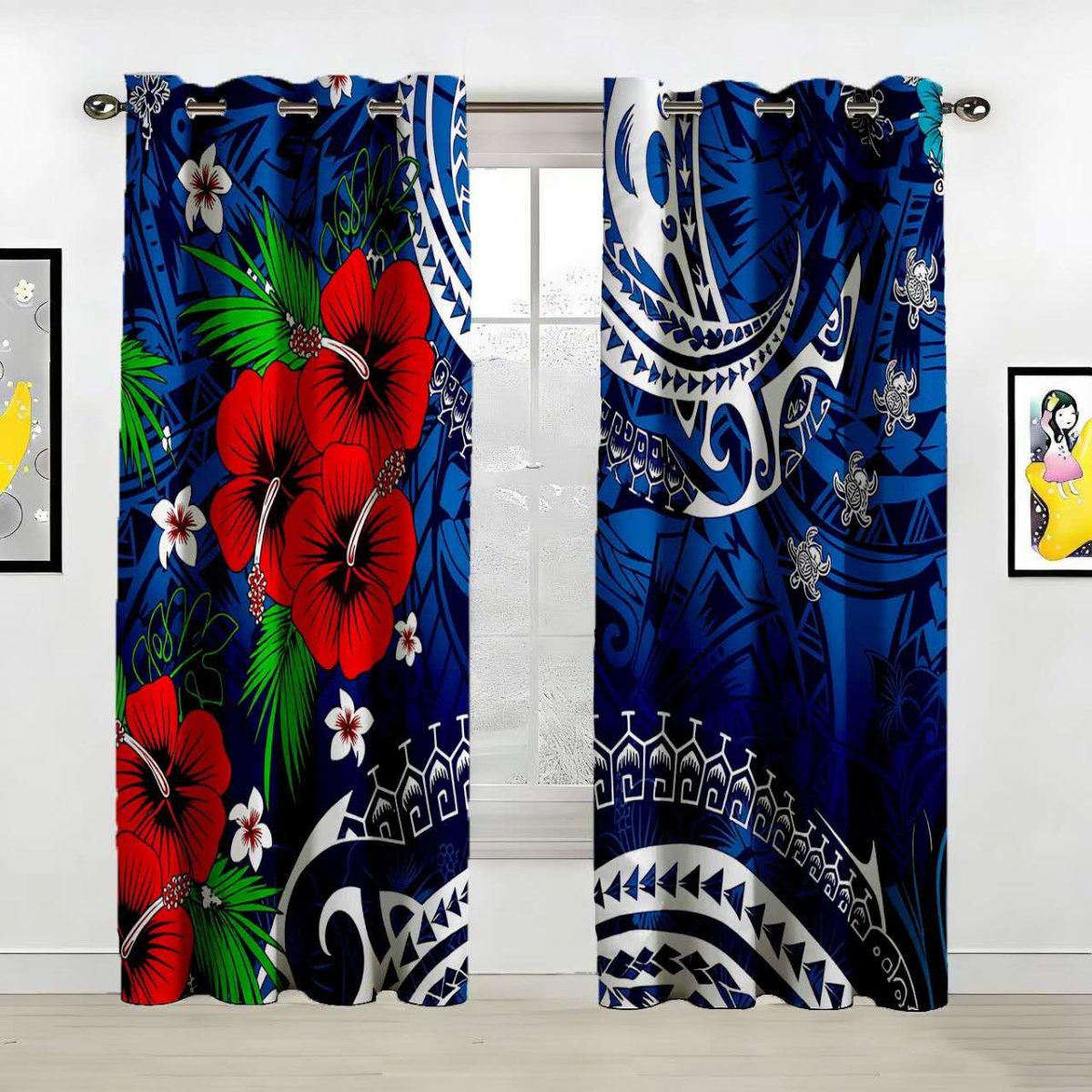 Polynesian Blue Floral Motif Polyester Curtain Custom Custom Polyester Fiber Curtains - Curtains