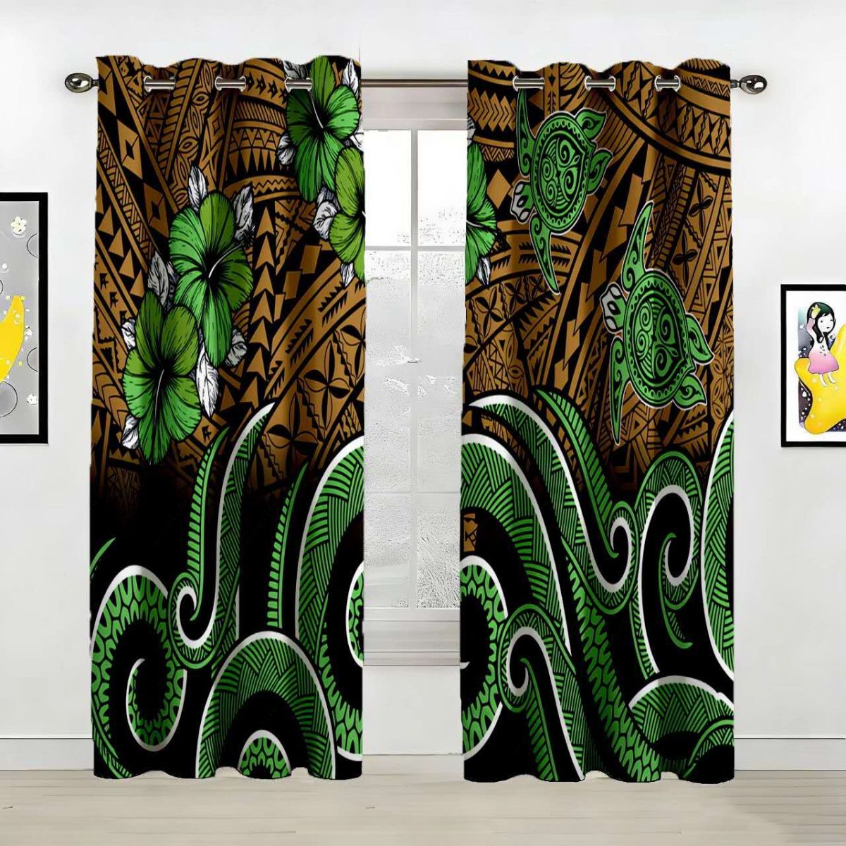 Polynesian Tribal Turtle Floral Pattern Custom Polyester Curtain Custom Polyester Fiber Curtains - Curtains
