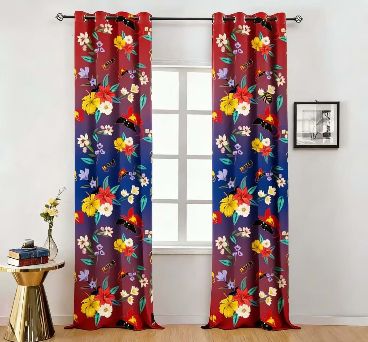 Retro Tropical Floral Gradient Polyester Curtain Custom Custom Polyester Fiber Curtains - Curtains