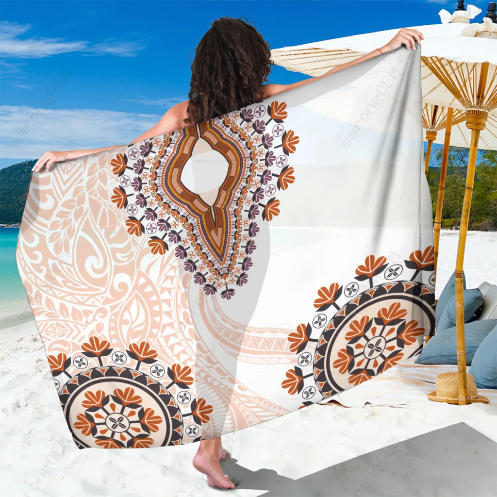 Beige Polynesian Tribal Print Sarong Beach Wrap for Resort Hotel Wholesale Pareo - main view