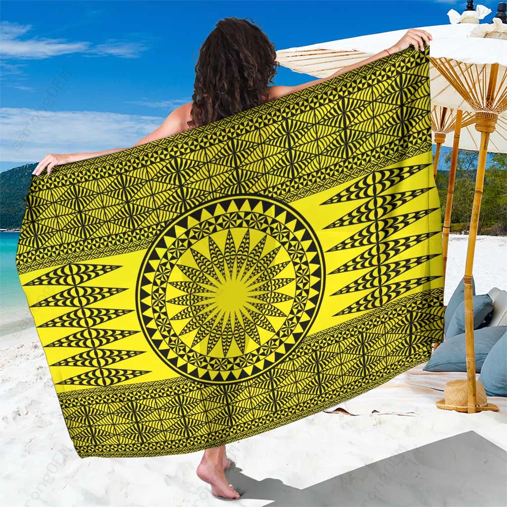 Yellow Tonga Tribal Print Sarong Vintage Ngatu Pattern Beach Wrap Polynesian Pareo Cover Up Wholesale