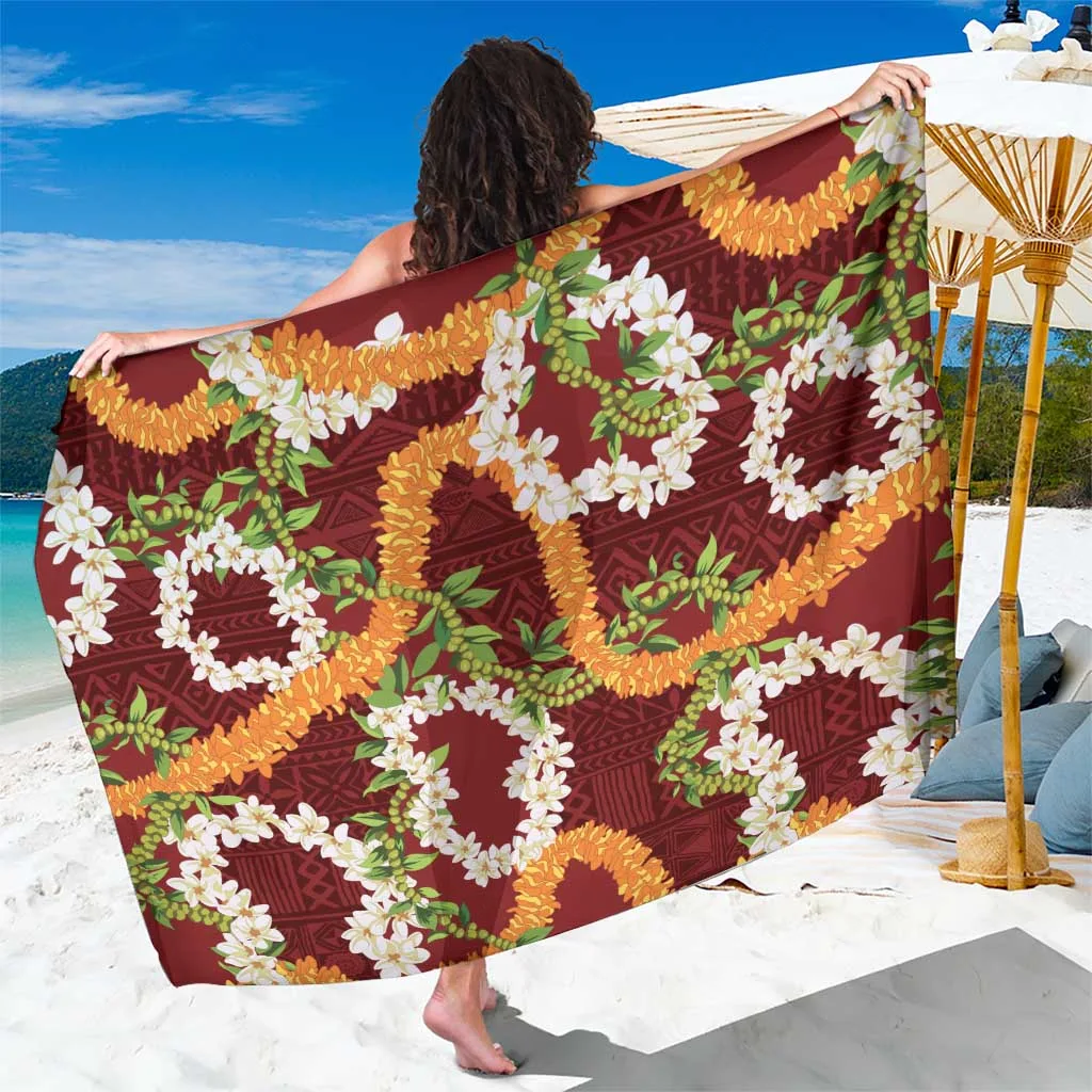 Crimson Aloha Festive Hawaii Mokihana Maile & Ilima Print Sarong Tropical Beach Wrap Pareo Wholesale - main view