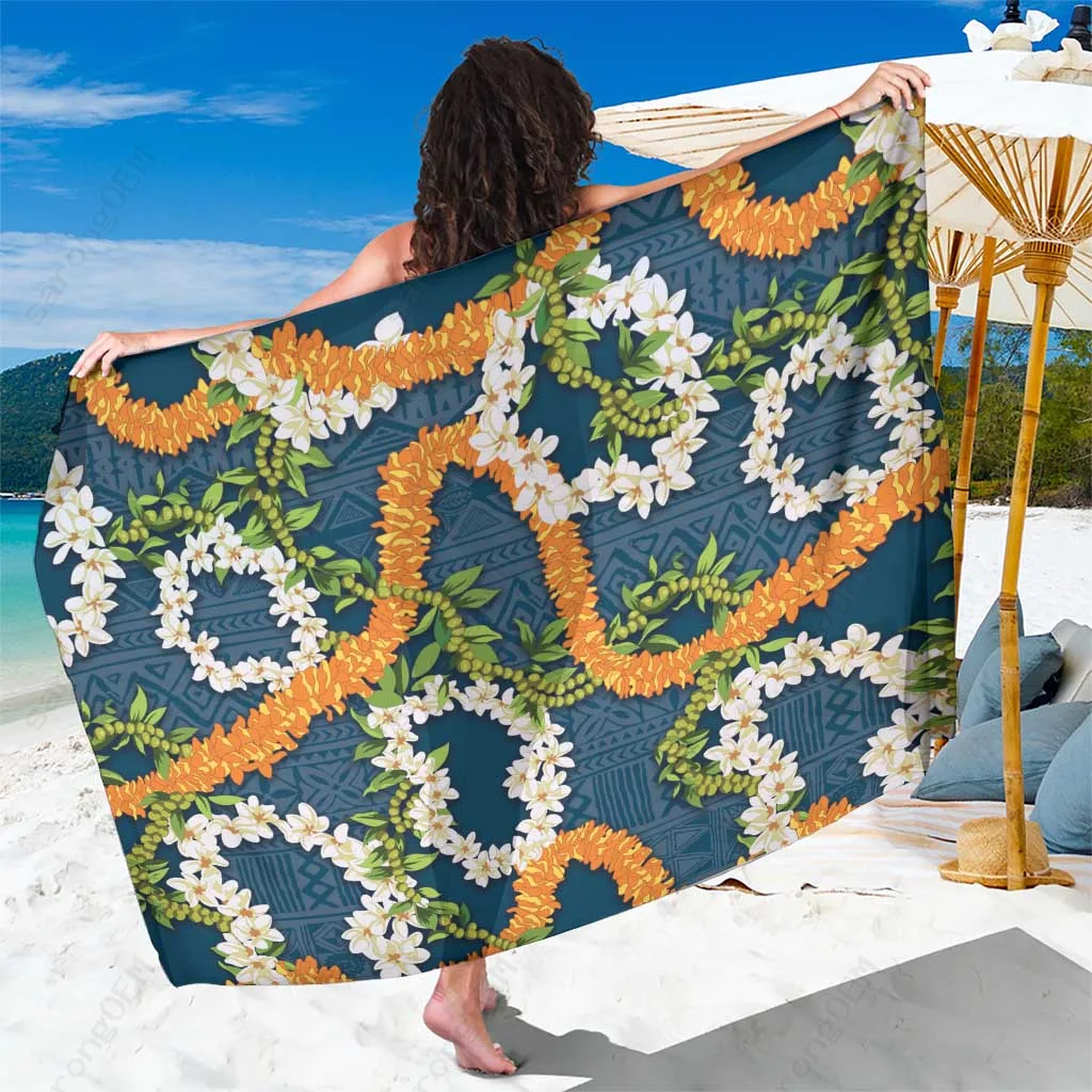 Navy Blue Hawaiian Mokihana Maile & Ilima Floral Print Sarong Polynesian Beach Wrap Wholesale Pareo - main view