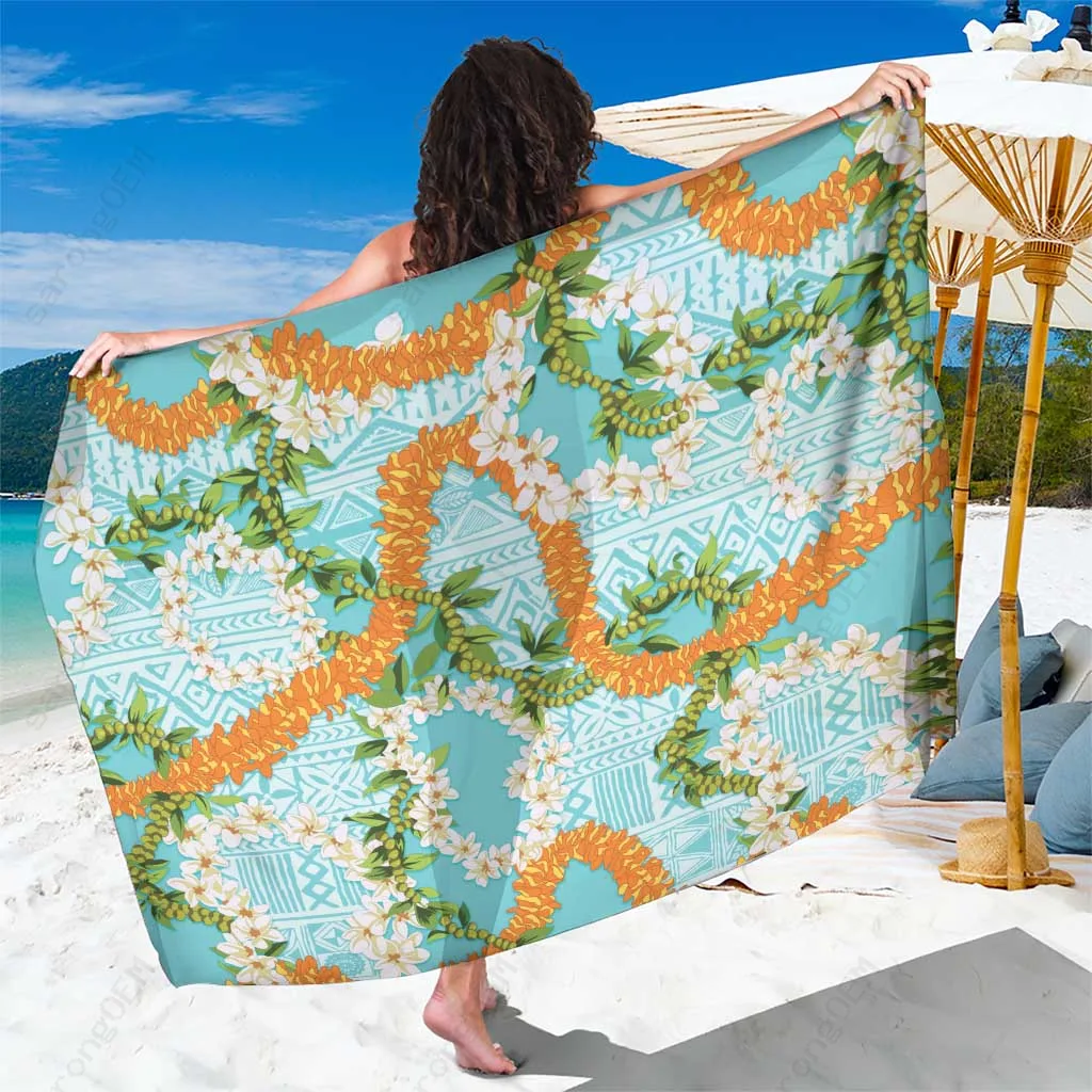 Turquoise Aloha Mokihana Maile Ilima Print Sarong Hawaiian Tropical Floral Beach Wrap Wholesale Pareo - main view