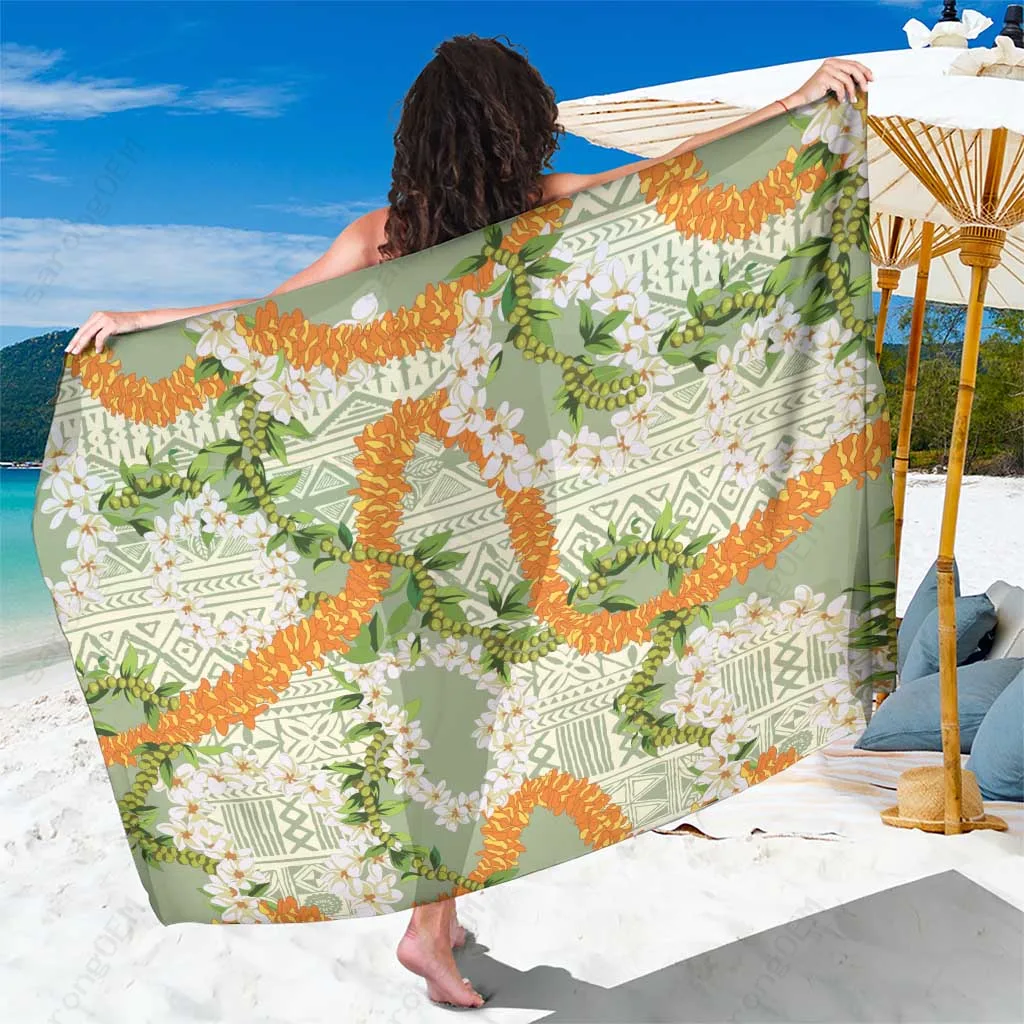 White Aloha Festive Hawaii Mokihana Maile Leis Floral Print Sarong Tropical Beach Wrap Wholesale Pareo - main view