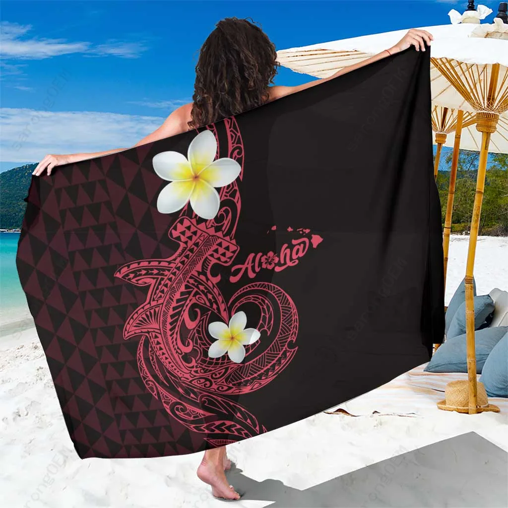 Feverish Pink Hawaiian Hammerhead Shark Kakau Tribal Tattoo Print Sarong Beach Wrap Pareo for Resort Wholesale - main view
