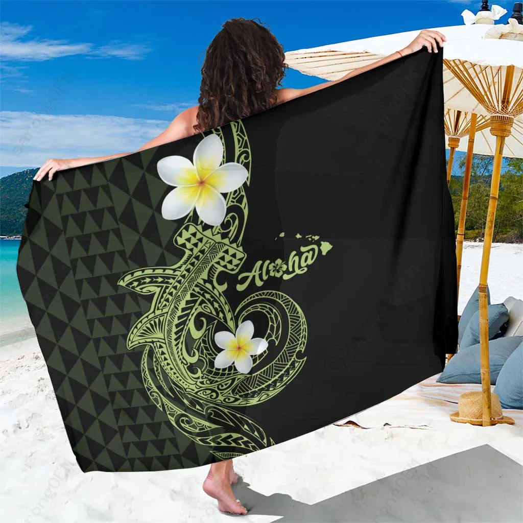 Lime Green Aloha Hammerhead Shark Hawaiian Kakau Tribal Tattoo Sarong Beach Wrap Pareo Wholesale - main view