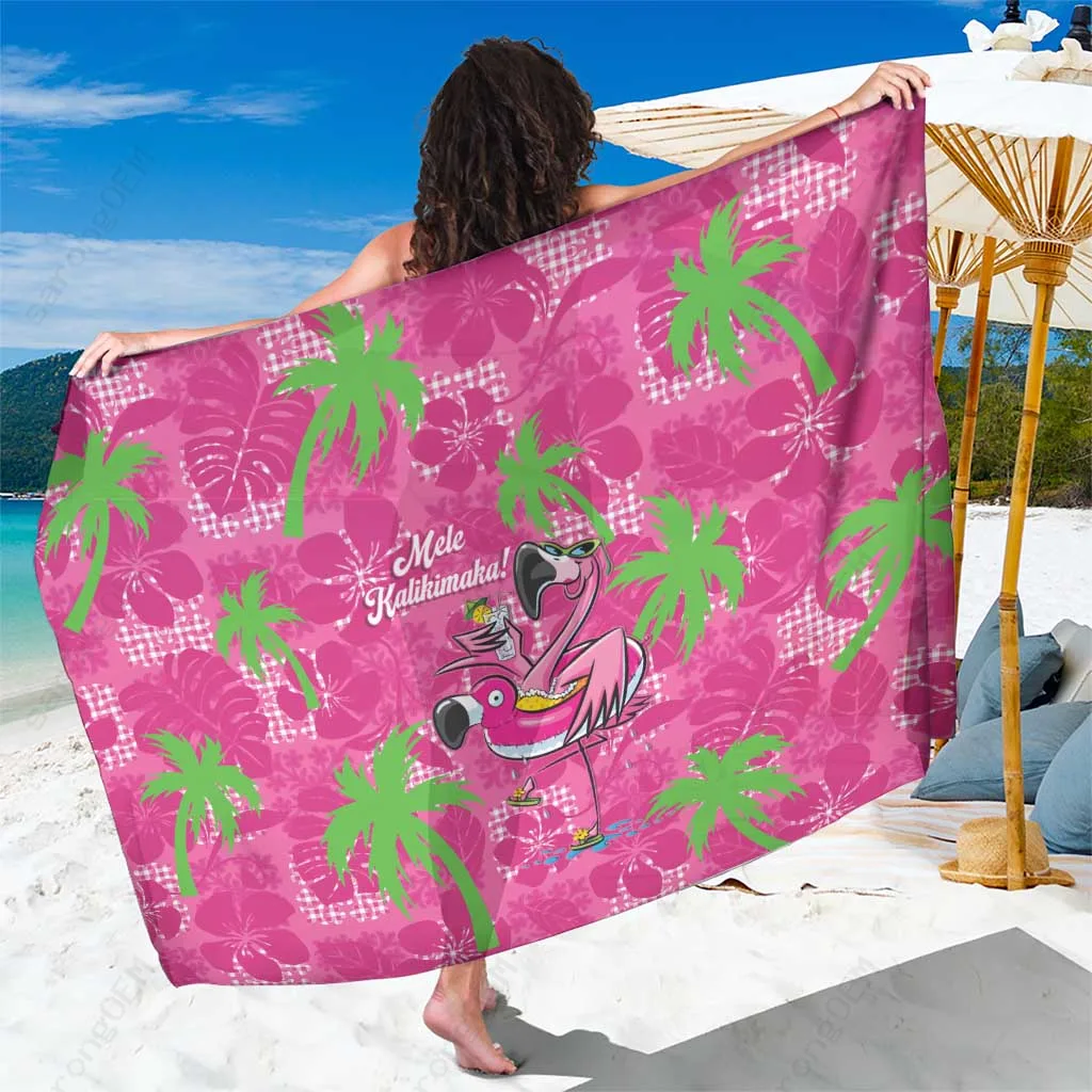 Red Green Plaid Christmas Sarong with Flamingo & Hibiscus Print Aloha Hawaii Tropical Beach Wrap Wholesale Pareo - main view