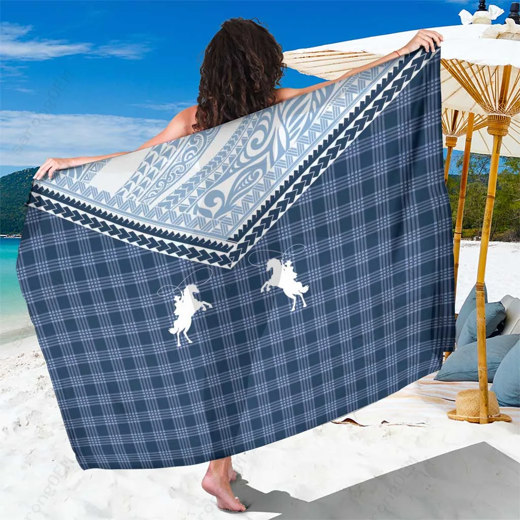 Navy Blue Aloha Hawaii Cowboys Paniolo Palaka Print Sarong Tropical Beach Wrap Pareo Wholesale - main view