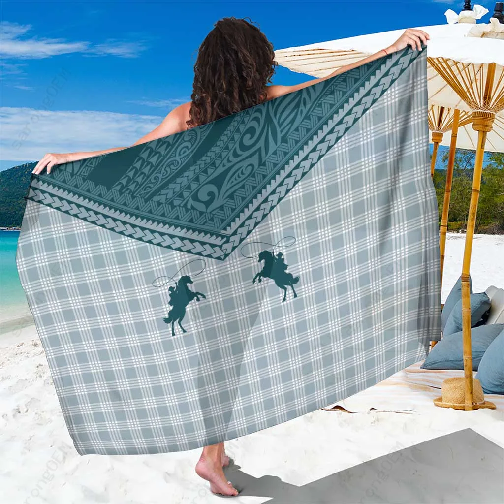 Teal Aloha Hawaii Cowboys Paniolo Sarong with Palaka Print Tropical Beach Wrap Pareo Wholesale - main view