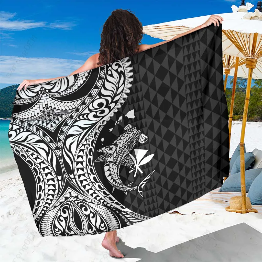 Black Aloha Hawaii Hammerhead Shark Polynesian Tattoo Print Sarong Beach Wrap Cover Up Wholesale Pareo - main view
