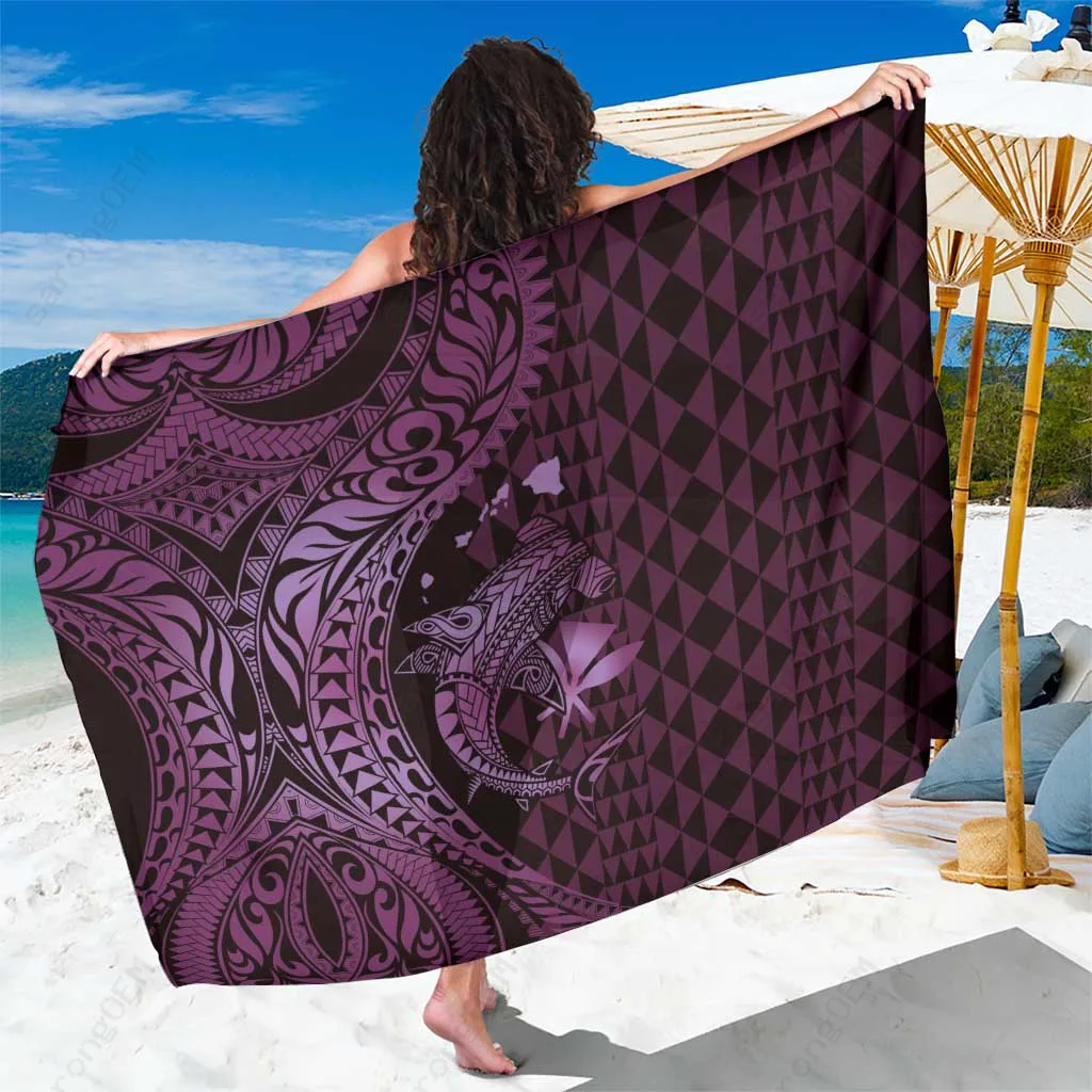 Purple Aloha Hawaii Hammerhead Shark Polynesian Tattoo Print Sarong Beach Wrap Wholesale Pareo - main view