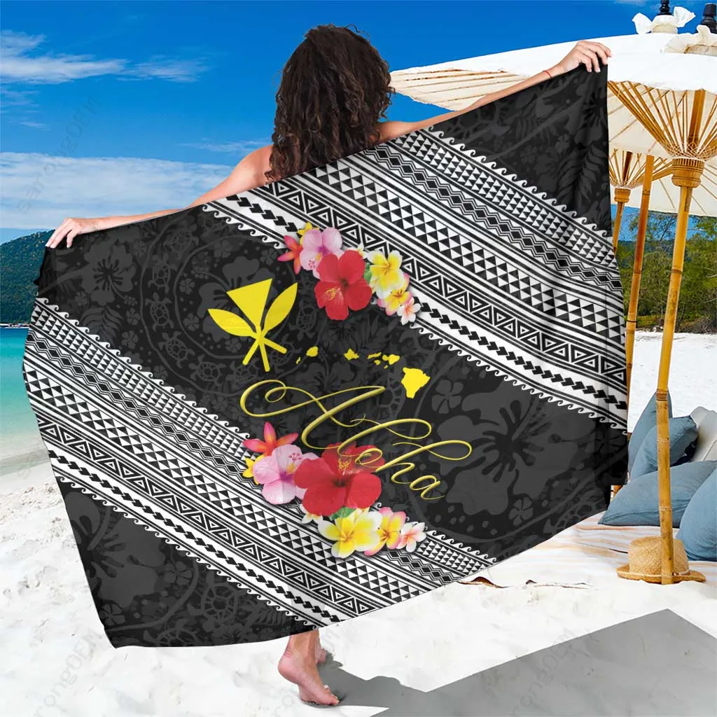 Black Hawaii Hibiscus Plumeria Tribal Print Sarong Polynesian Beach Wrap Cover Up Wholesale Pareo