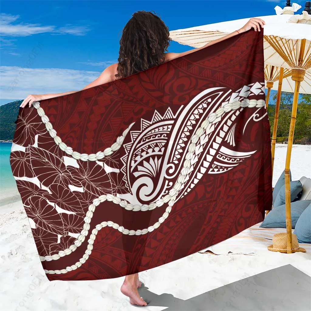 Oxblood Red Aloha Hawaii Kalo Pikake Lei Chest Tattoo Floral Print Sarong Polynesian Beach Wrap Wholesale Pareo - main view