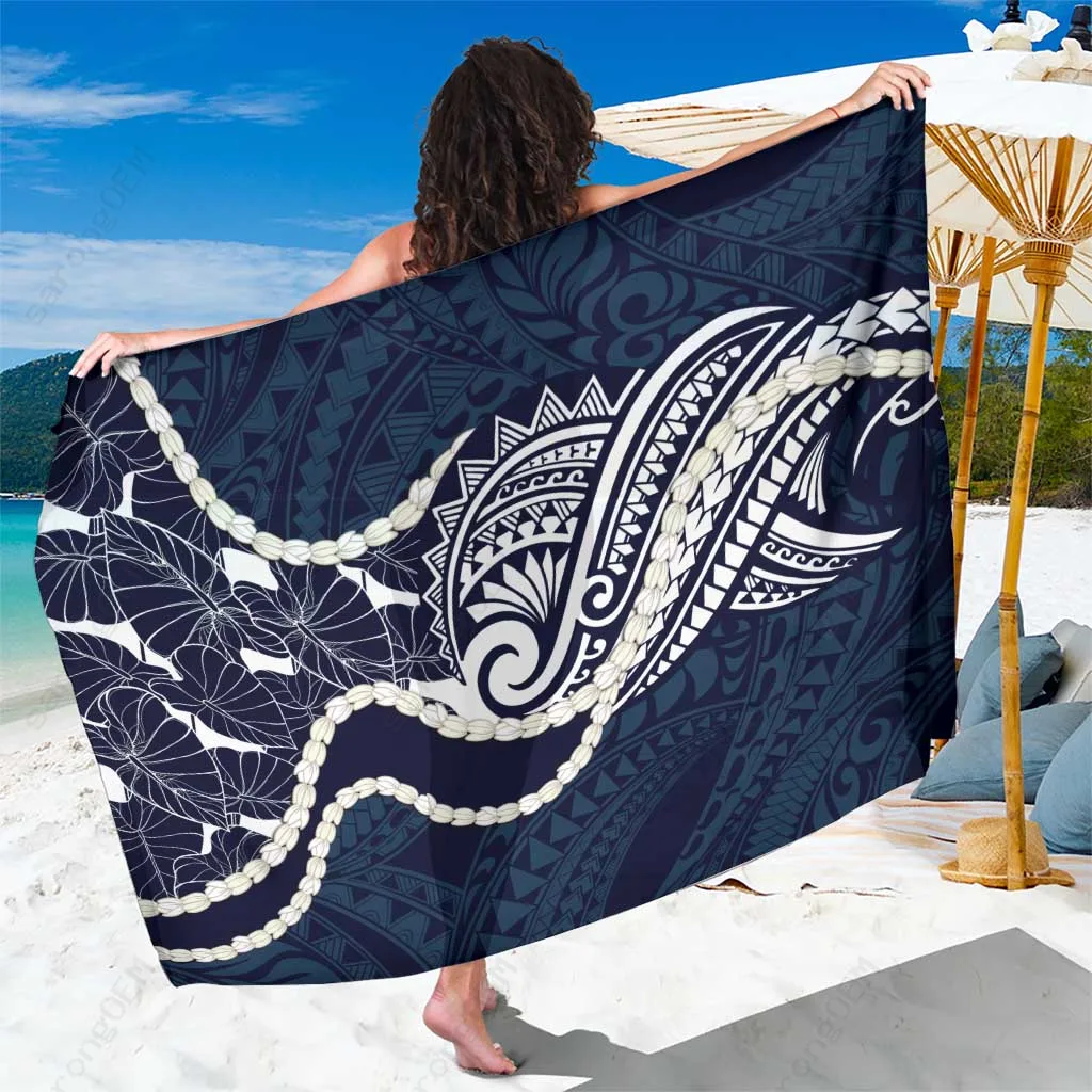 Oxford Blue Hawaiian Kalo Pikake Lei Tribal Chest Tattoo Print Sarong Polynesian Beach Wrap Wholesale Pareo