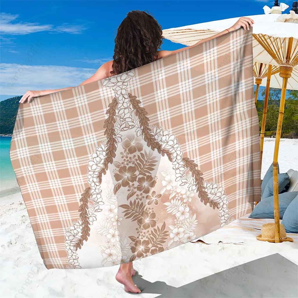 Beige Aloha Hawaii Plumeria Hibiscus Print Sarong Tropical Beach Wrap Pareo Wholesale - main view