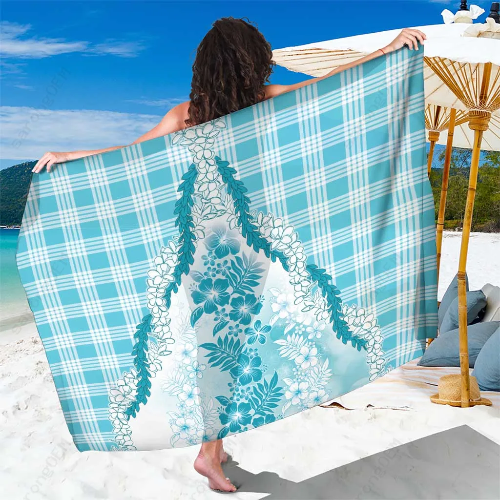 Blue Hawaiian Plumeria Hibiscus Print Sarong Tropical Island Beach Wrap Wholesale Pareo - main view