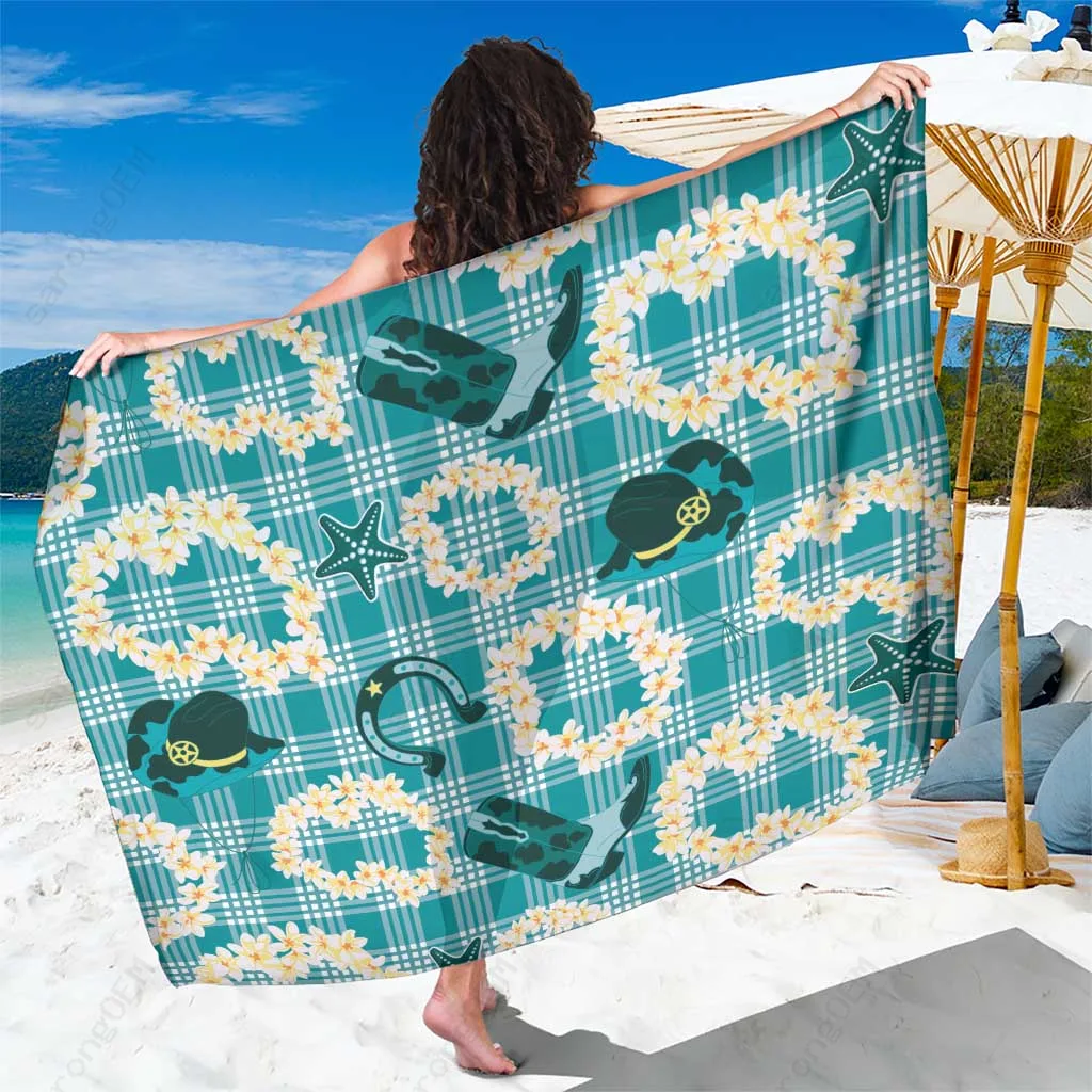 Teal Aloha Hawaii Paniolo Palaka Plaid Print Sarong Beach Wrap Tropical Island Resort Cover Up Wholesale Pareo - main view