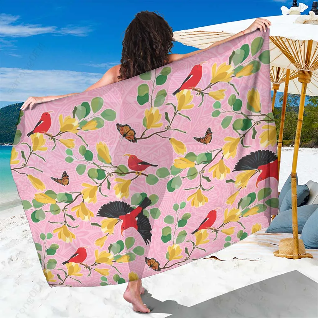 Pastel Pink Aloha Hawaii Iiwi Bird on Mamane Print Sarong Beach Wrap Pareo Wholesale - main view