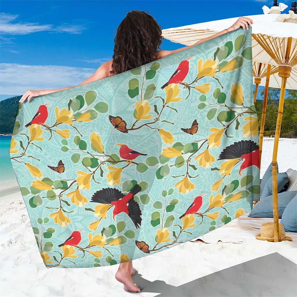 Pastel Turquoise Iiwi Bird Mamane Flower Aloha Hawaii Tropical Print Sarong Beach Wrap Wholesale Pareo - main view