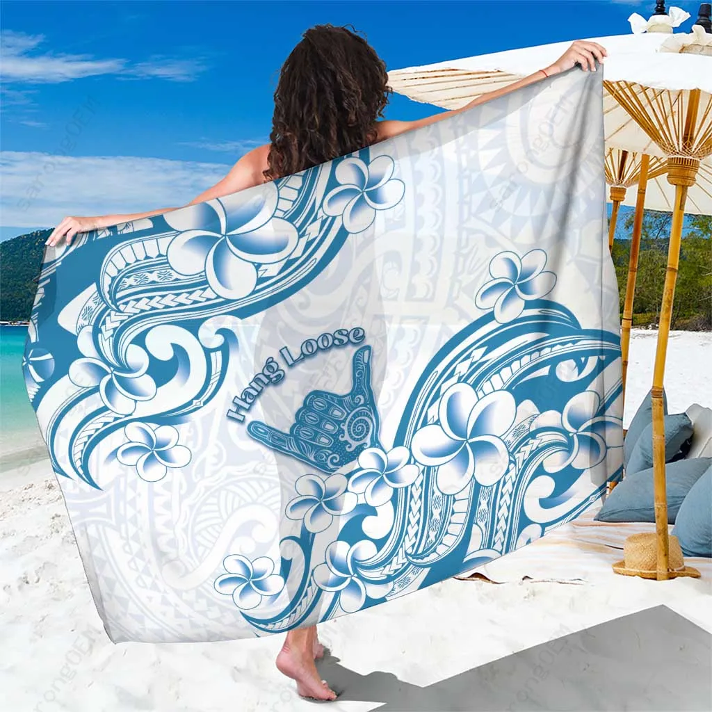 Blue Aloha Hawaii Shaka Sarong with Hibiscus Plumeria Palm Print Beach Wrap Pareo Wholesale - main view