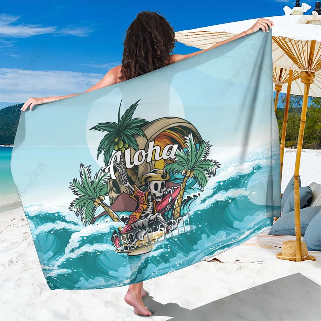 Black Hawaii Skeleton Hibiscus Tropical Print Sarong Polynesian Beach Wrap Wholesale Pareo - main view