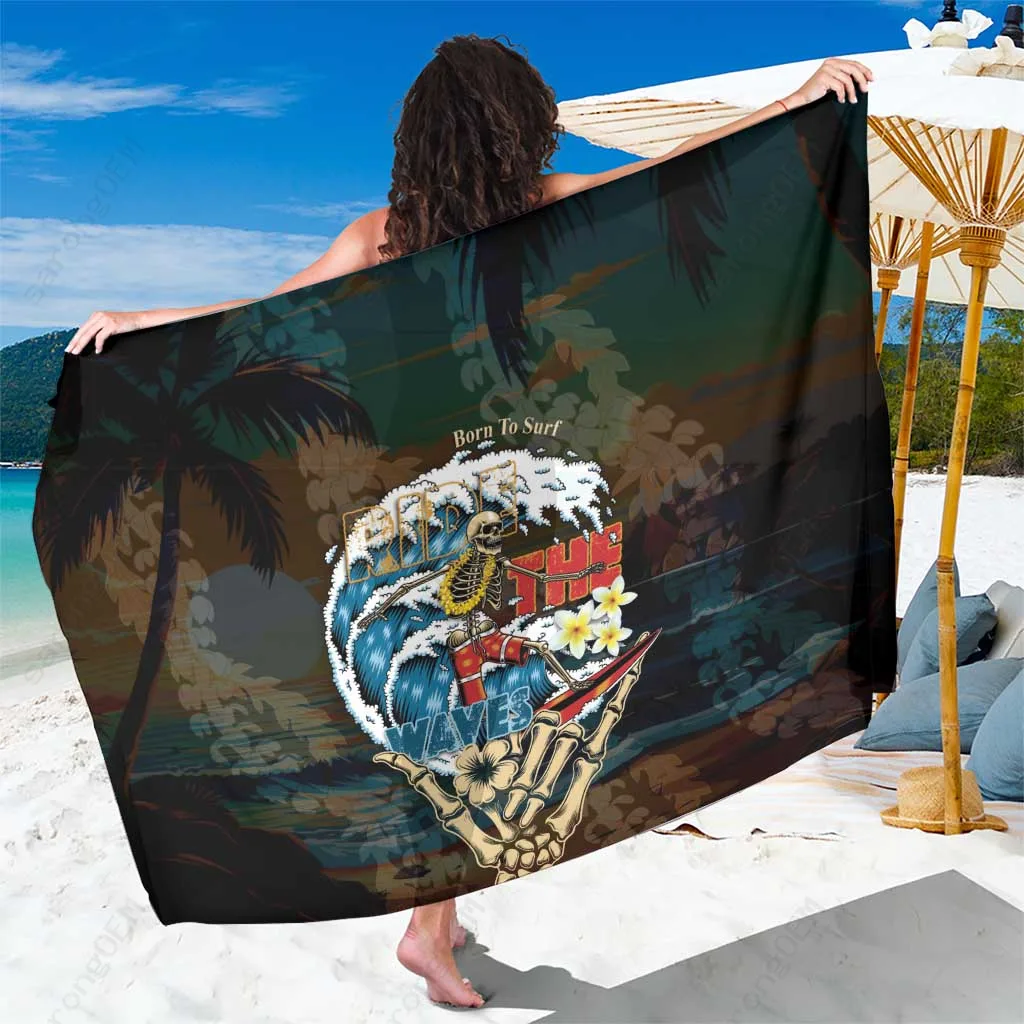 Black Base Surfing Skull Wave Shaka Print Sarong Aloha Hawaii Beach Wrap Pareo Wholesale Custom OEM - main view