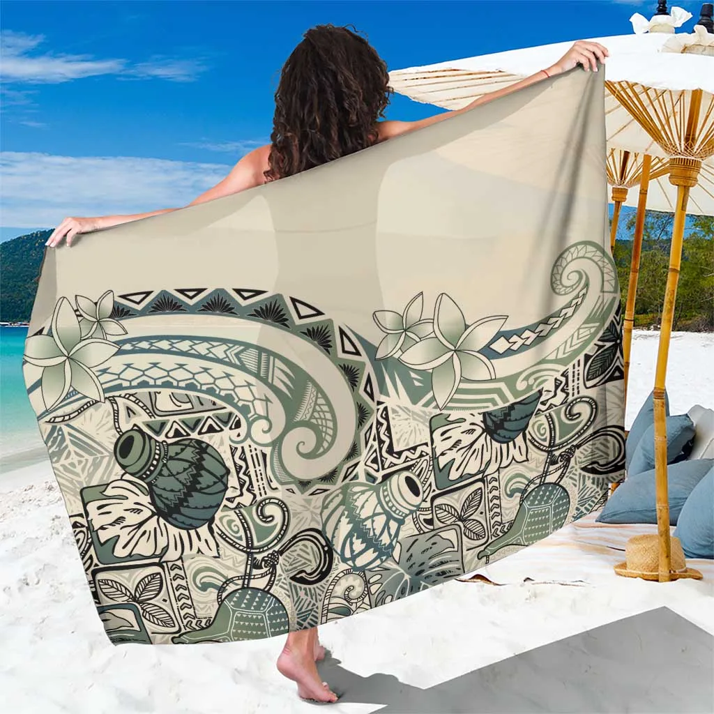 Green Hawaiian Tapa Ipu Summer Sarong with Hibiscus & Palm Print Tropical Beach Wrap for Resort Wholesale Pareo - main view