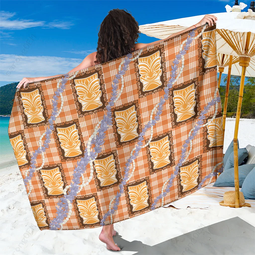Orange Tiki Palaka Motifs Honohono Lei Floral Print Sarong Hawaiian Tropical Beach Wrap Wholesale Pareo - main view