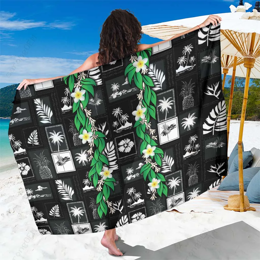Black Aloha Hawaii Tuberose Lei Sarong Tropical Vibes Beach Wrap Wholesale Pareo - main view