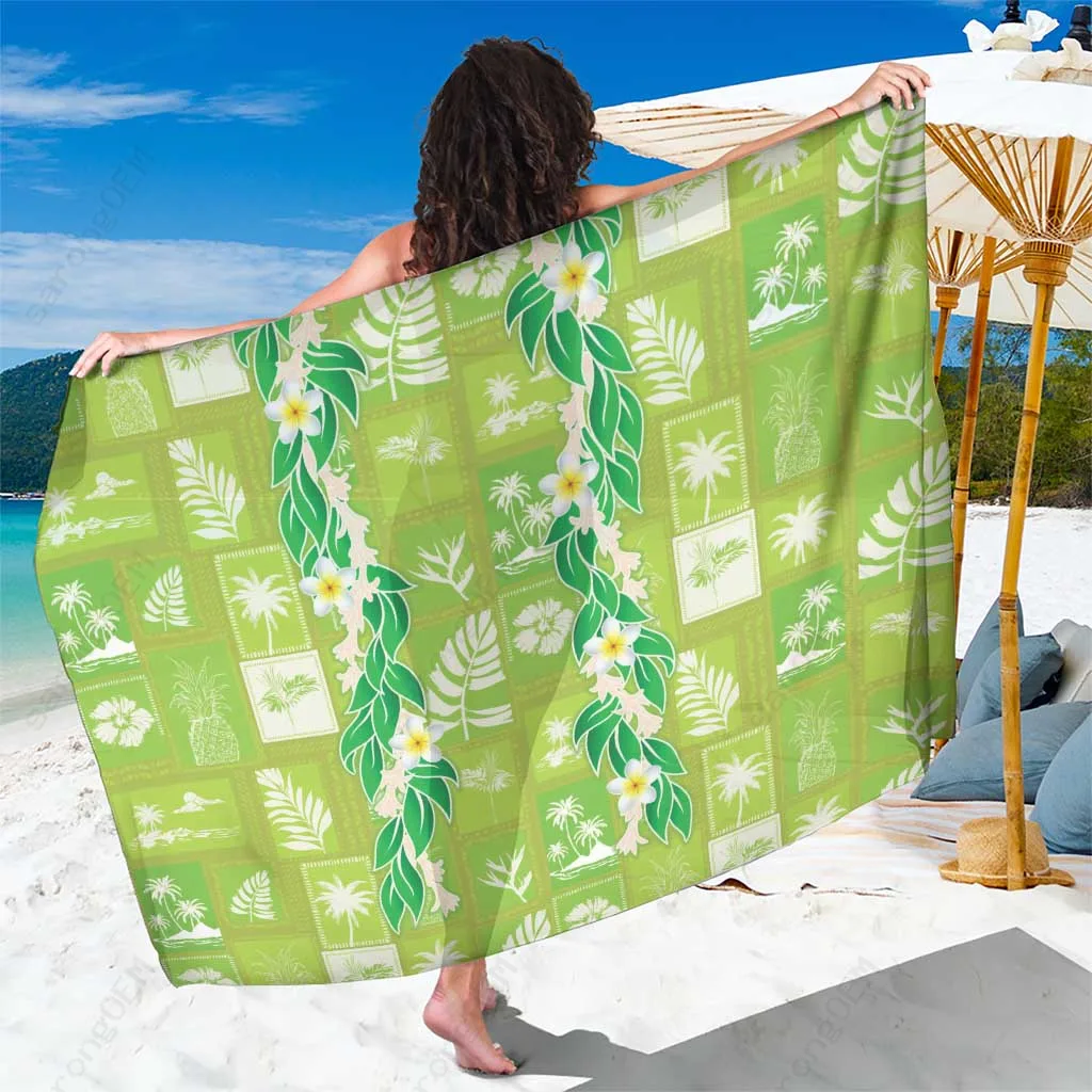 Green Aloha Hawaii Tuberose Lei Sarong Tropical Vibes Beach Wrap Wholesale Pareo - main view