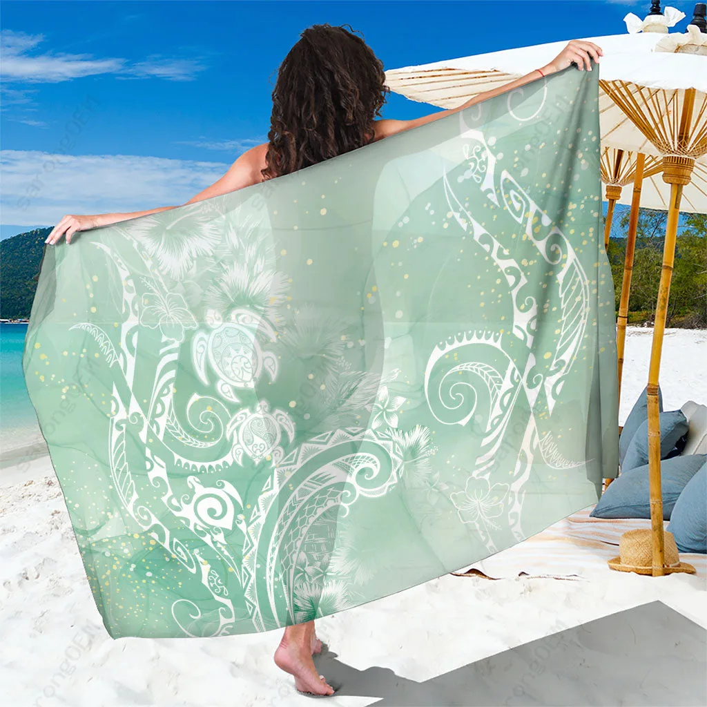 Seafoam Blue Turtles Floral Print Sarong Hawaii Beach Wrap Pareo Wholesale Custom OEM - main view