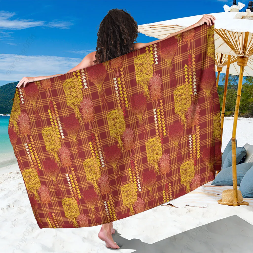 Red Hawaiian Vintage Palaka Tribal Palm Hibiscus Print Sarong Beach Wrap Polynesian Island Pareo Wholesale - main view