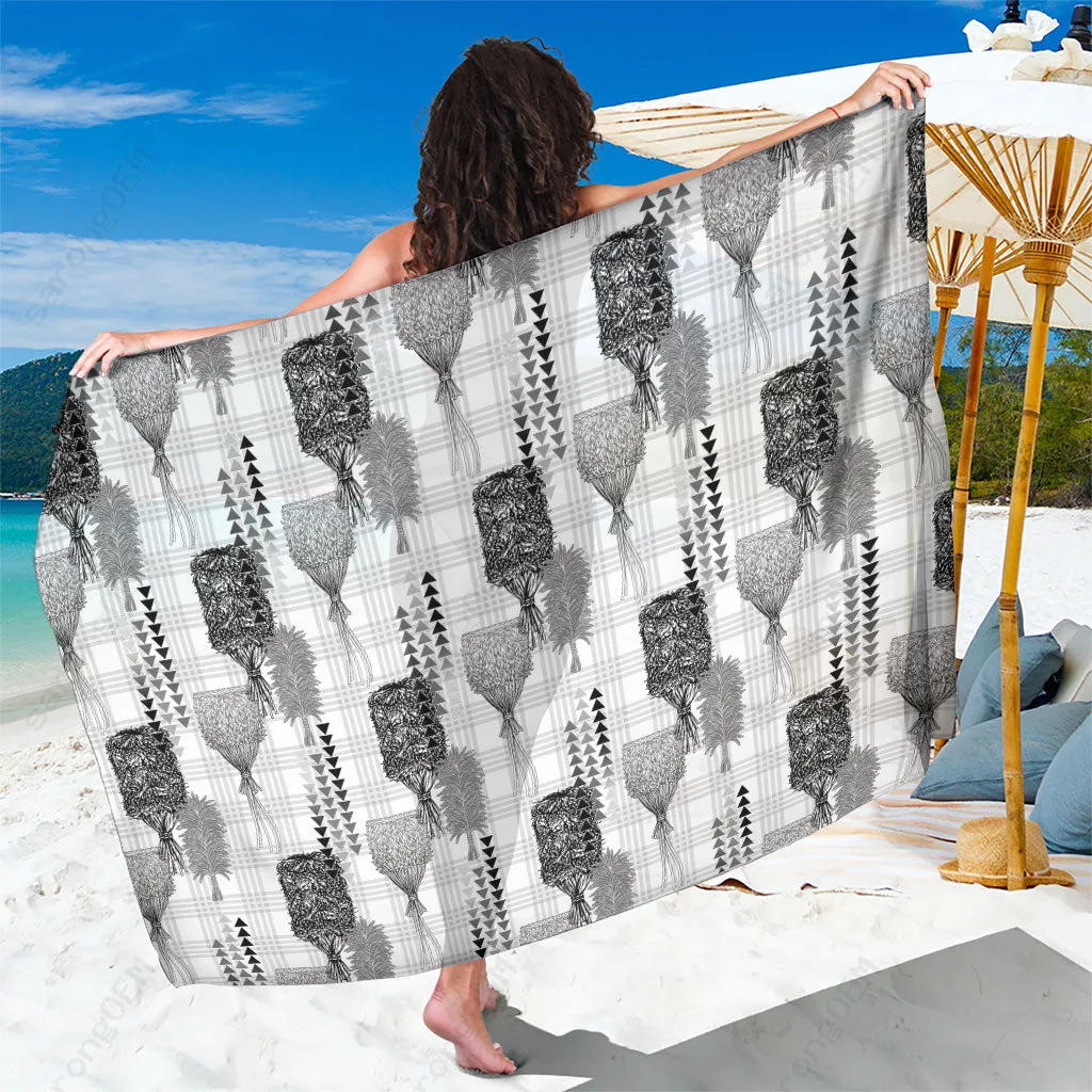 White Vintage Aloha Hawaii Kahili Paa Lima Sarong with Palaka Print and Palm Motif Polynesian Beach Wrap Wholesale Pareo - main view