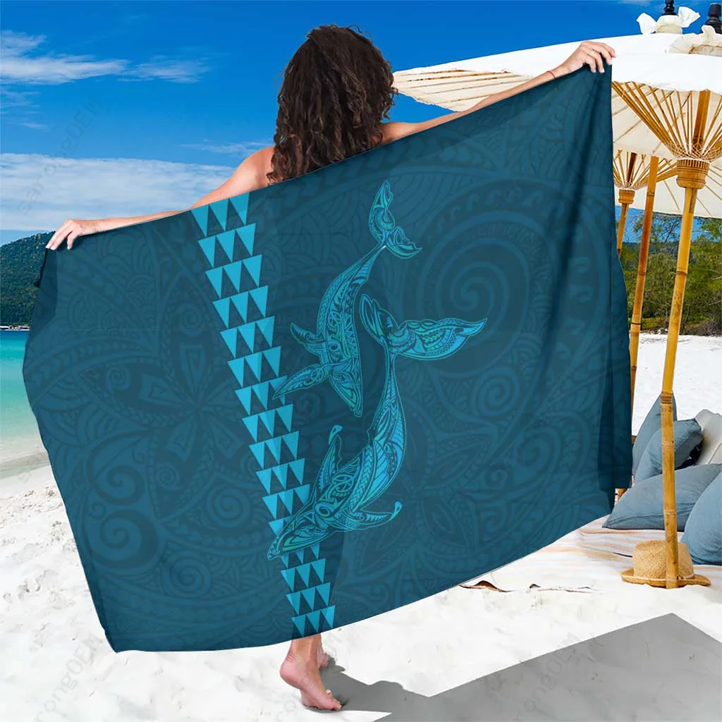 Light Blue Whale Kakau Polynesian Tattoo Sarong Hawaii Beach Wrap Pareo Wholesale Custom