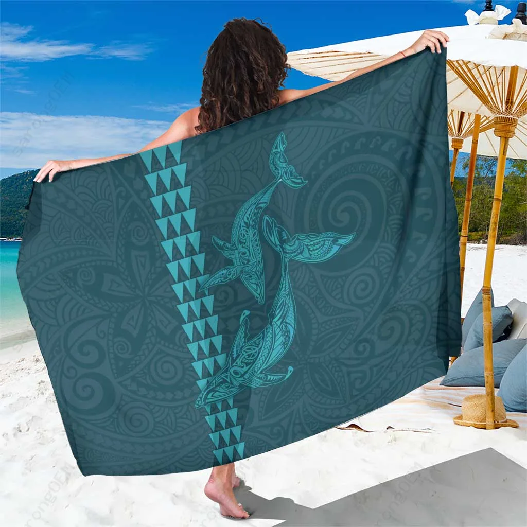 Turquoise Whale Kakau Polynesian Tattoo Print Sarong Aloha Hawaii Beach Wrap Pareo Wholesale - main view