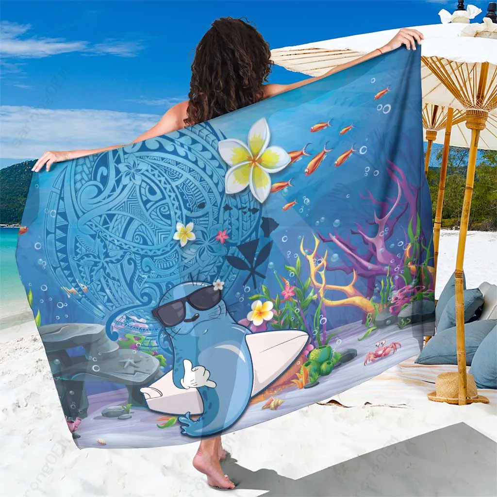 Deep Blue Polynesian Sea Turtle Wave Tattoo Print Sarong Hawaiian Ocean Vibe Beach Wrap Wholesale Pareo - main view