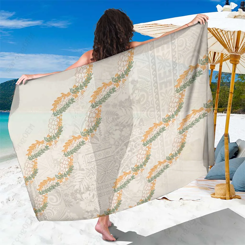 Beige Aloha Pakalana & Puakenikeni Lei Floral Print Sarong Hawaiian Tropical Beach Wrap Pareo Wholesale - main view