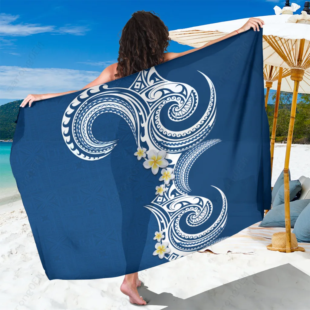 Blue Plumeria Frangipani Tribal Print Sarong Polynesian Tropical Beach Wrap Wholesale Pareo - main view