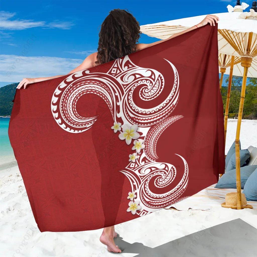 Red Plumeria Hibiscus Floral Print Sarong Polynesian Tropical Island Beach Wrap Wholesale Pareo - main view
